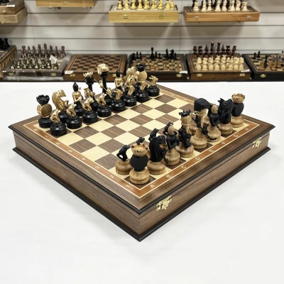 Шахматный ларец подарочный орех с фигурами Хоккей