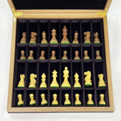 Шахматы подарочные в ларце из дуба с индийскими фигурами из самшита и палисандра