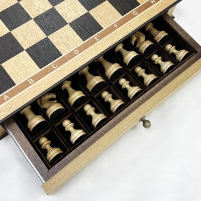 Шахматы подарочные в ларце с выдвижными ящиками дуб Премиальный люкс