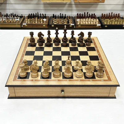 Шахматы подарочные в ларце с выдвижными ящиками дуб Премиальный люкс