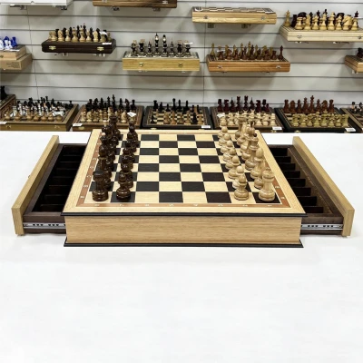 Шахматы подарочные в ларце с выдвижными ящиками дуб Премиальный люкс
