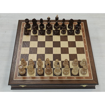 Шахматный ларец подарочный из мореного дуба Антик с резными фигурами с утяжелением