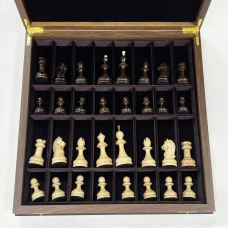 Шахматный ларец подарочный из мореного дуба Антик с резными фигурами с утяжелением