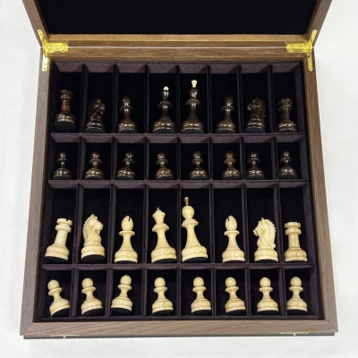 Шахматный ларец подарочный из мореного дуба Антик с резными фигурами с утяжелением