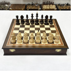 Шахматный ларец подарочный из мореного дуба Антик с резными фигурами с утяжелением Шахматный ларец подарочный из мореного дуба Антик с резными фигурами с утяжелением