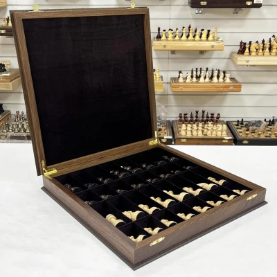 Шахматный ларец подарочный из мореного дуба Антик с резными фигурами с утяжелением