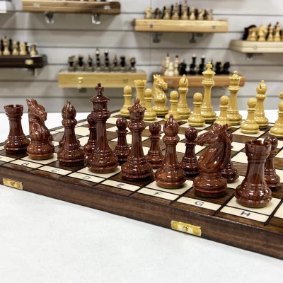 Шахматы деревянные с выжегом Стаунтон мини композит 40 см