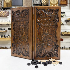 Нарды подарочные из массива ясеня Рыцарь и Лев темные 60см Нарды подарочные из массива ясеня Рыцарь и Лев темные 60см