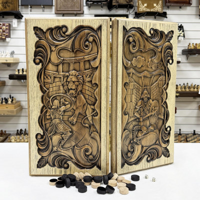 Нарды из массива ясеня подарочные Рыцарь и Лев светлые 60 см