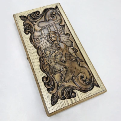 Нарды из массива ясеня подарочные Рыцарь и Лев светлые 60 см