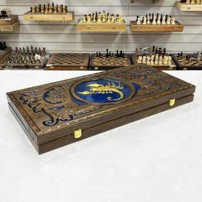 Нарды из массива бука Скорпион эпоксидная смола синие