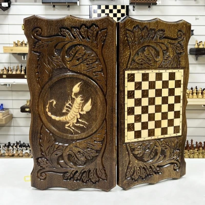 Нарды резные узорные из массива бука Скорпион светлый