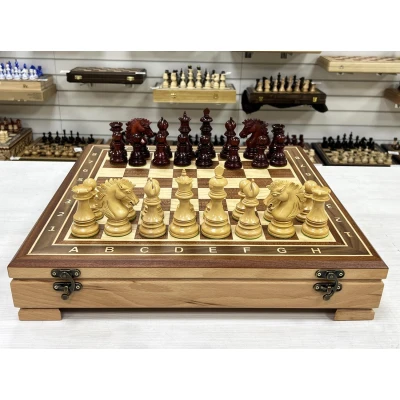 Шахматный ларец красное дерево с фигурами Wellington 52 см
