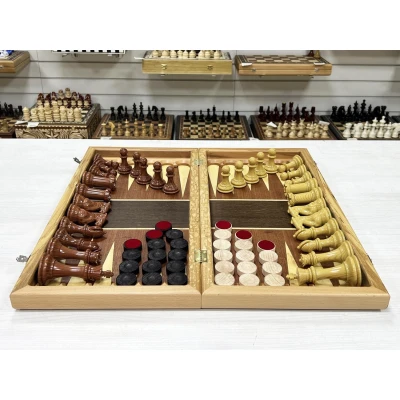 Шахматы-нарды-шашки Красное дерево с фигурами королевский Стаунтон