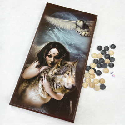 Нарды деревянные Девушка и Волк большие 60 см