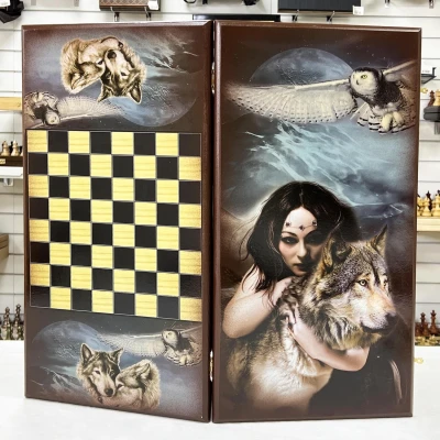 Нарды деревянные Девушка и Волк большие 60 см