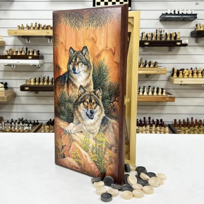 Нарды деревянные подарочные с цветным рисунком Волки средние 50 см