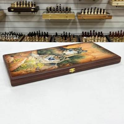 Нарды деревянные подарочные с цветным рисунком Волки средние 50 см