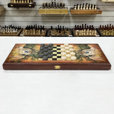 Нарды деревянные подарочные с цветным рисунком Волки средние 50 см