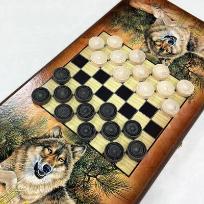 Нарды деревянные подарочные с цветным рисунком Волки средние 50 см