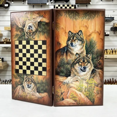 Нарды деревянные подарочные с цветным рисунком Волки средние 50 см