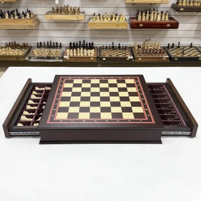 Шахматный ларец с выдвижными ящиками подарочный венге Бастион