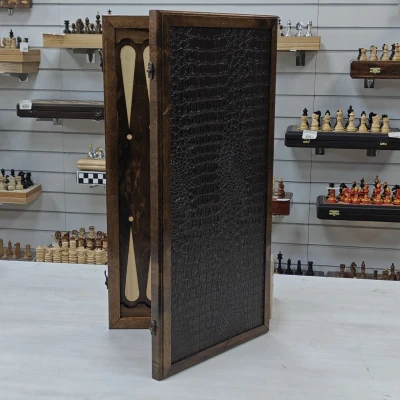 Нарды дерево/кожа коричневые подарочные большие