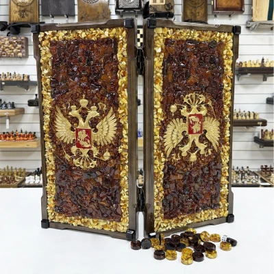 Нарды из янтаря Герб РФ эксклюзивные большие 60 см Нарды из янтаря Герб РФ эксклюзивные большие 60 см