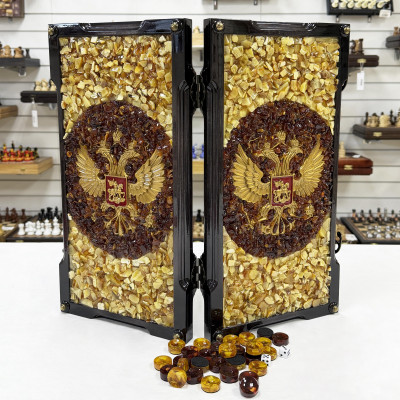 Нарды из янтаря Герб РФ эксклюзивные средние 46 см светлые