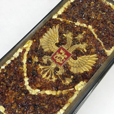 Нарды из янтаря Герб РФ эксклюзивные средние 46 см темные