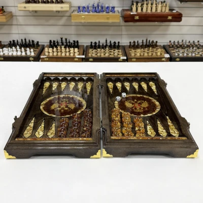 Нарды из янтаря Герб РФ эксклюзивные средние 46 см темные