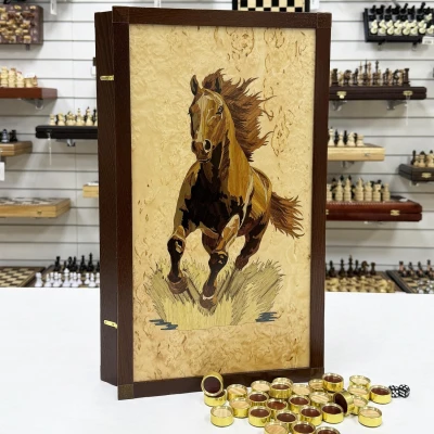 Нарды эксклюзивные из карельской березы Мустанг с инкрустацией 50 см