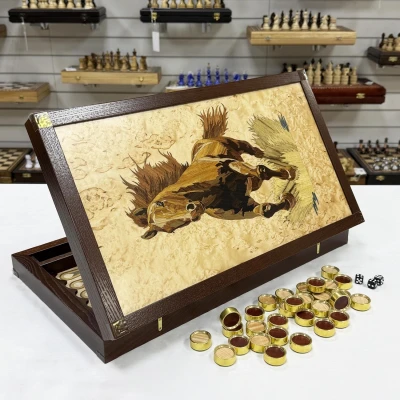 Нарды эксклюзивные из карельской березы Мустанг с инкрустацией 50 см