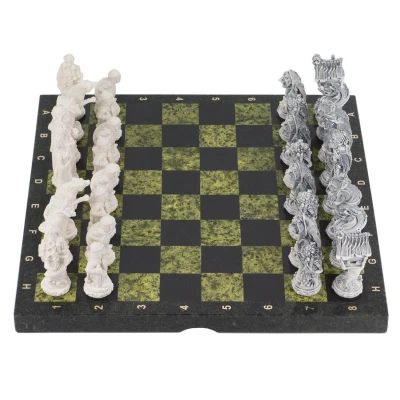 Шахматы "Русские сказки" змеевик мрамолит 400х400 мм