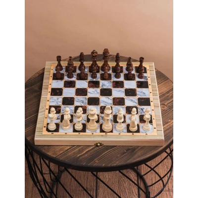 Шахматы-нарды-шашки деревянные с рисунком под мрамор