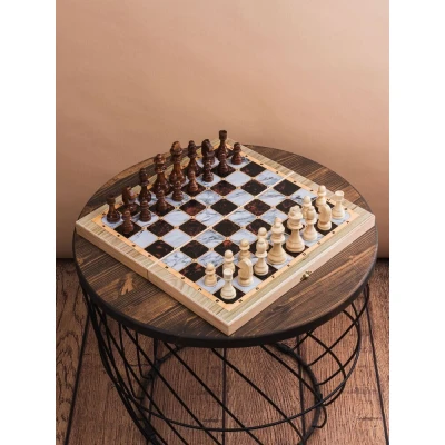 Шахматы-нарды-шашки деревянные с рисунком под мрамор