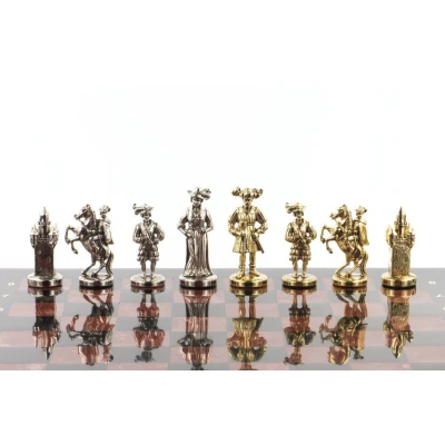 Шахматы из камня с металлическими фигурами Средневековье 44х44 см лемезит змеевик