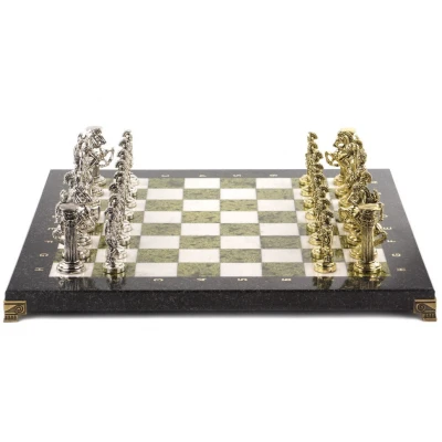 Шахматы Римские воины доска 44х44 см из камня мрамор змеевик с металлическими фигурами