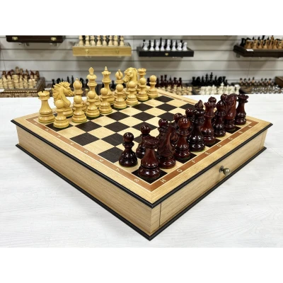 Шахматы в ларце эксклюзивные дуб с ящиками и фигурами Wellington