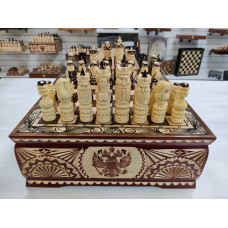 Шахматы ручной работы Русские воины в деревянном ларце