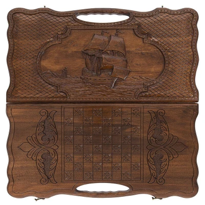 Нарды резные Корабль-2 с ручкой большие, Haleyan